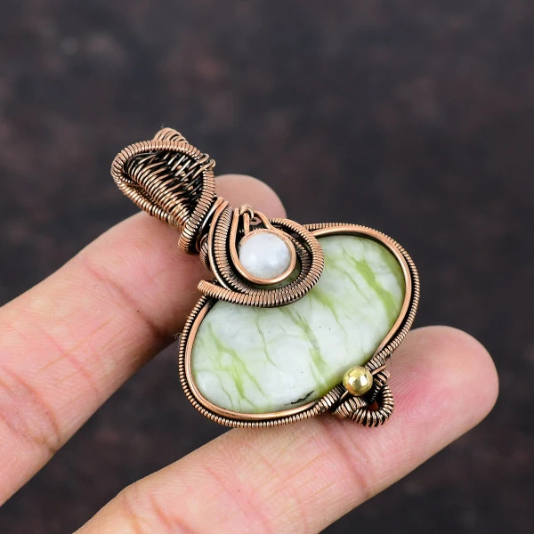 Green Aragonite Oval Green Handmade Copper Wire Wrapped Pendant