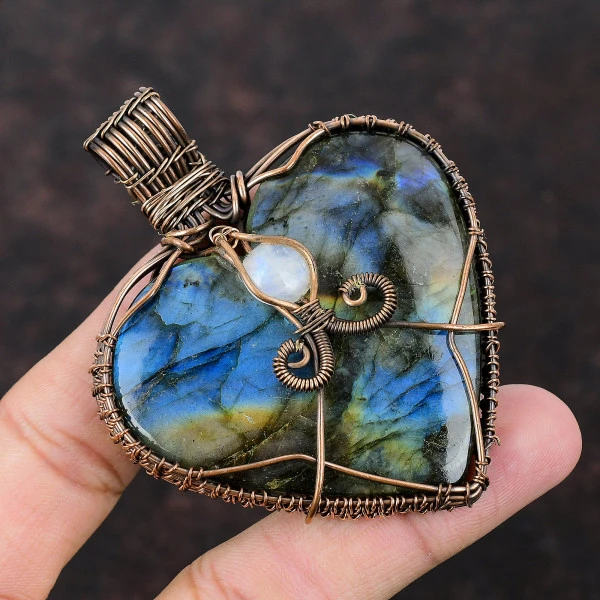 Labradorite Heart Blue Handmade Copper Wire Wrapped Pendant