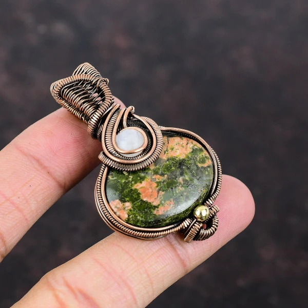 Unakite Oval Green Handmade Copper Wire Wrapped Pendant