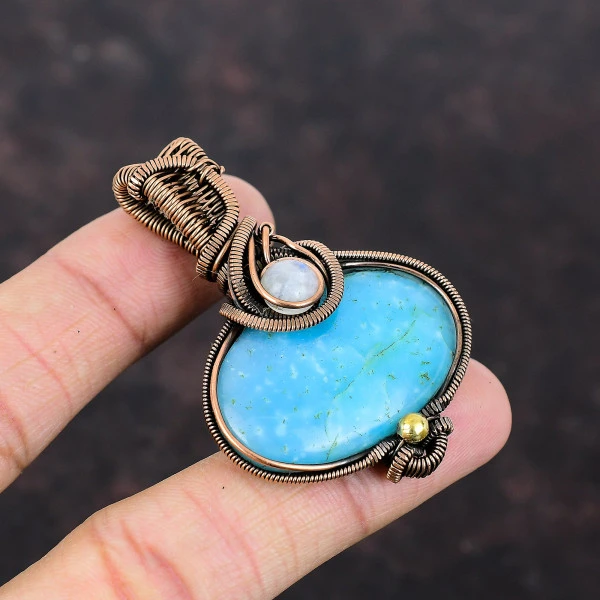 Hemimorphite Oval Blue Handmade Copper Wire Wrapped Pendant