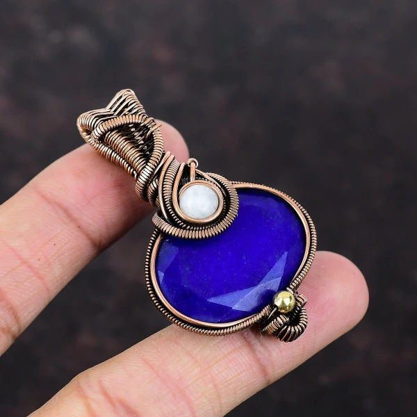 Blue Sapphire Oval Blue Handmade Copper Wire Wrapped Pendant