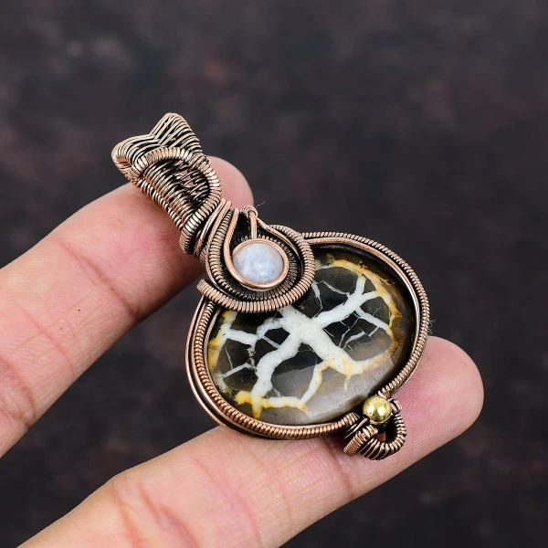 Moroccan Mud Crack Fossil Oval Brown Handmade Copper Wire Wrapped Pendant