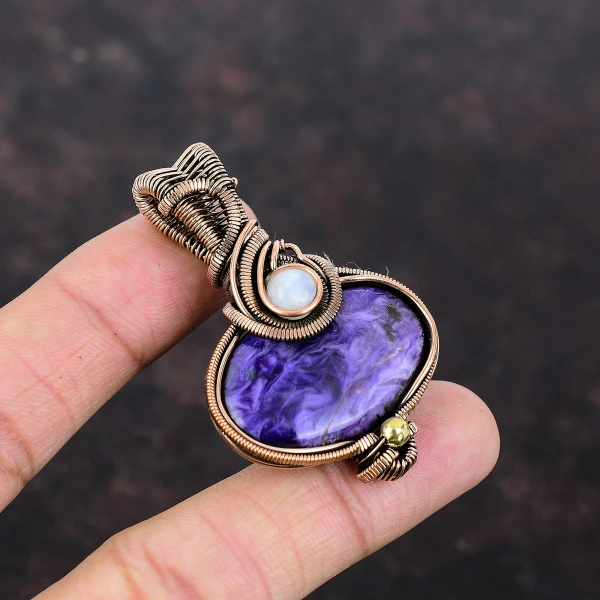 Charoite Oval Purple Handmade Copper Wire Wrapped Pendant