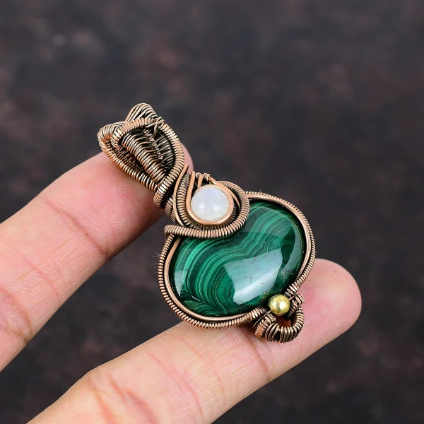 Malachite Oval Green Handmade Copper Wire Wrapped Pendant