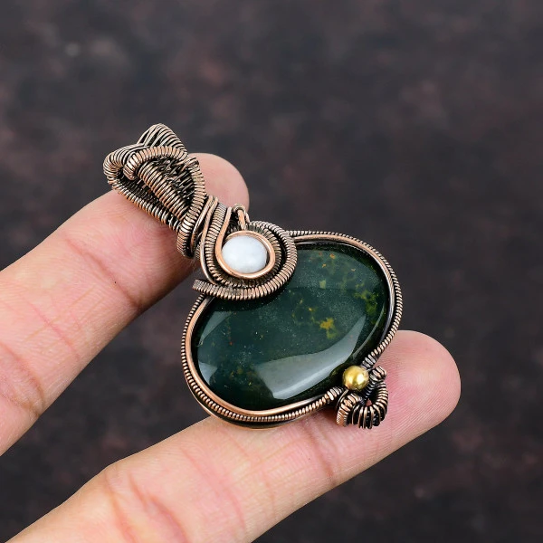 Bloodstone Oval Green Handmade Copper Wire Wrapped Pendant