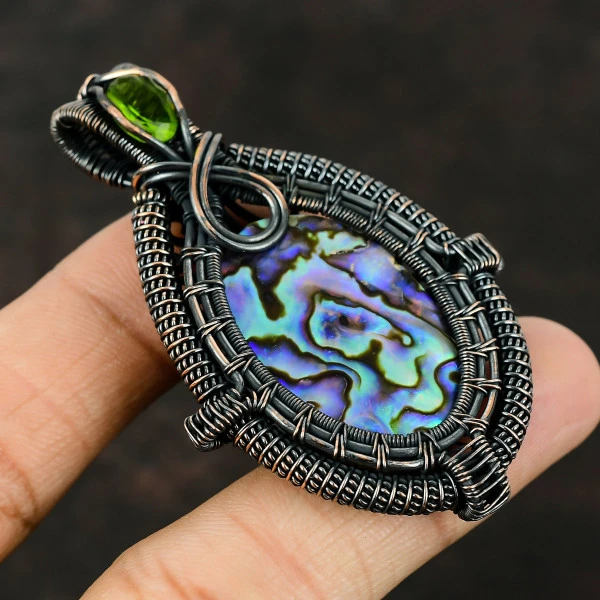 Abalone Shell Oval Blue Handmade Copper Wire Wrapped Pendant