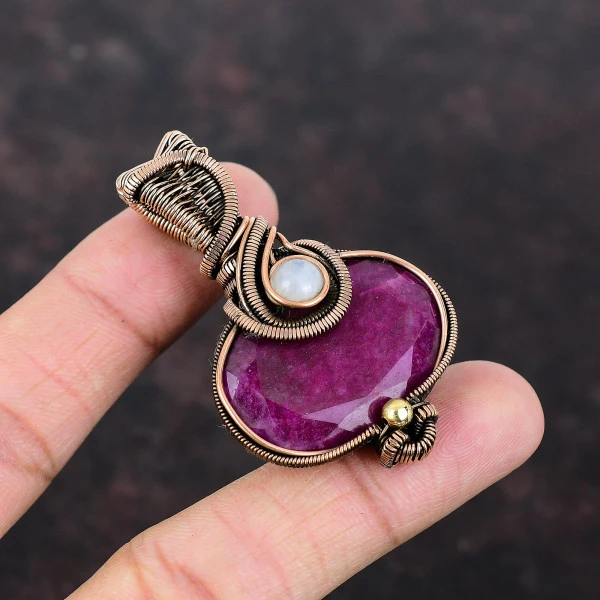 Kashmir Ruby Oval Red Handmade Copper Wire Wrapped Pendant