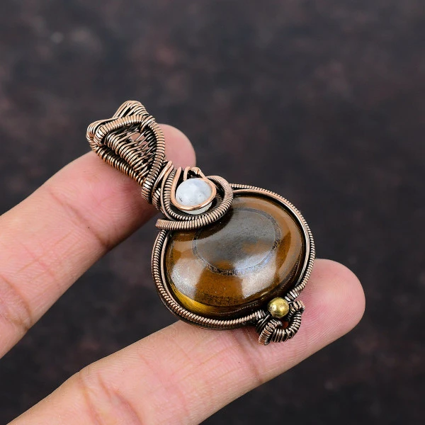 Marra Mamba Tiger Eye Oval Brown Handmade Copper Wire Wrapped Pendant