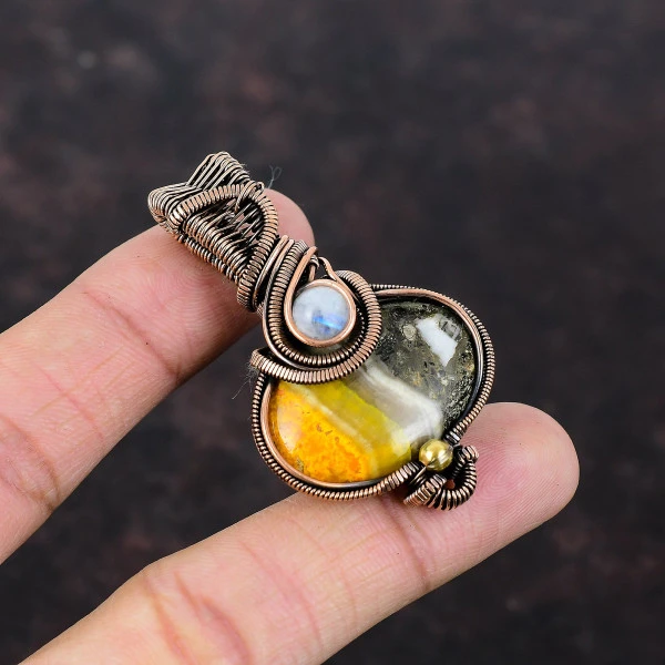 Bumble Bee Jasper Oval Yellow Handmade Copper Wire Wrapped Pendant
