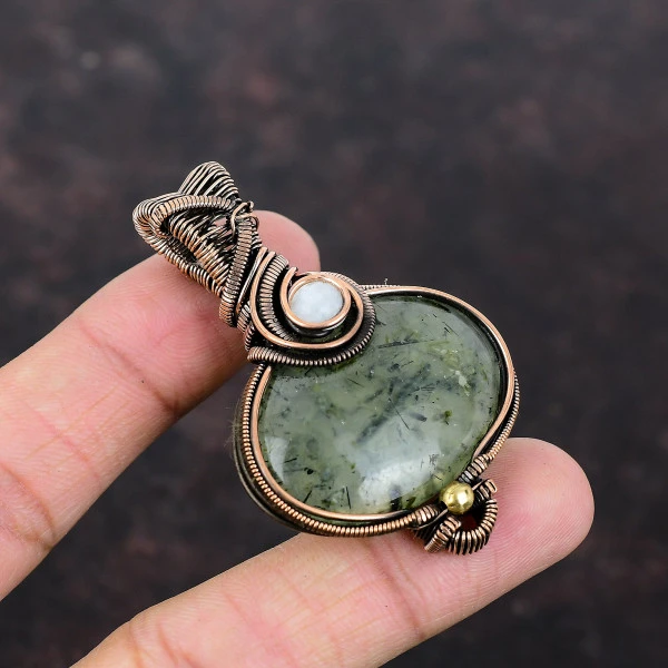 Moss Prehnite Oval Green Handmade Copper Wire Wrapped Pendant