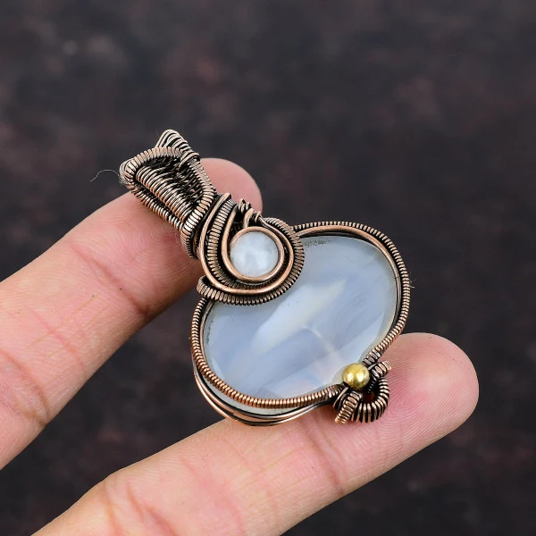 Botswana Agate Oval White Handmade Copper Wire Wrapped Pendant