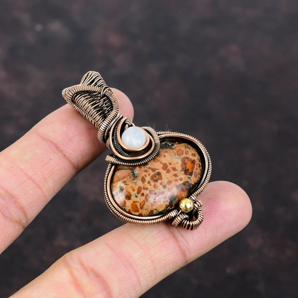 Asteroid Jasper Oval Red Handmade Copper Wire Wrapped Pendant