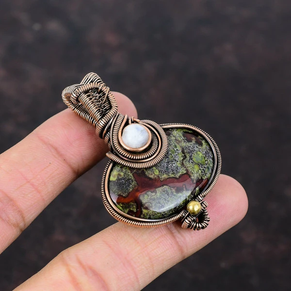 Dragon Bloodstone Oval Green Handmade Copper Wire Wrapped Pendant