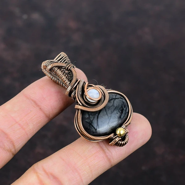 Picasso Jasper Oval Black Handmade Copper Wire Wrapped Pendant