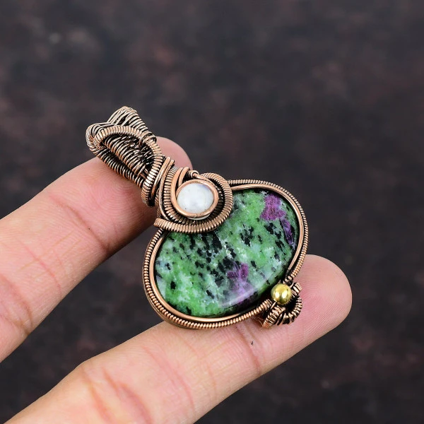 Ruby Zoisite Oval Green Handmade Copper Wire Wrapped Pendant