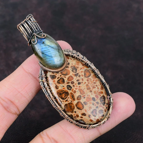 Asteroid Jasper Oval Brown Handmade Copper Wire Wrapped Pendant