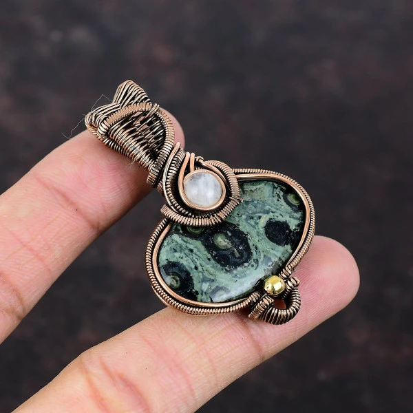 Kambaba Jasper Oval Green Handmade Copper Wire Wrapped Pendant