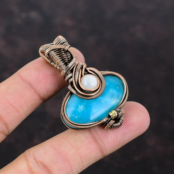 Smithsonite Oval Blue Handmade Copper Wire Wrapped Pendant