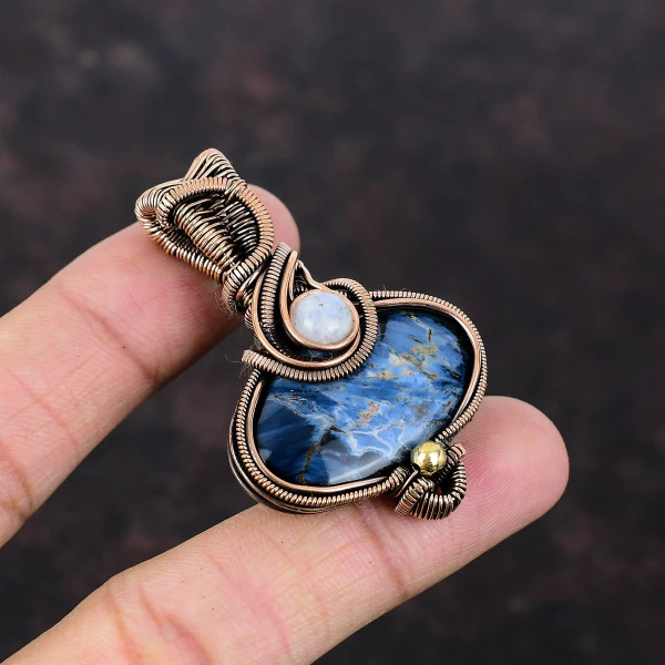 Pietersite Oval Blue Handmade Copper Wire Wrapped Pendant