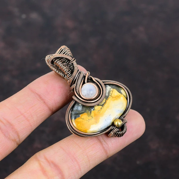 Maligano Jasper Oval Yellow Handmade Copper Wire Wrapped Pendant