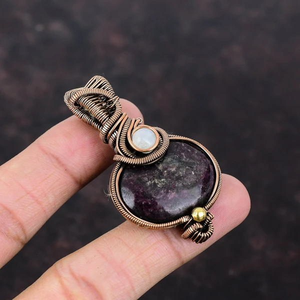 Pink Tourmaline Oval Pink Handmade Copper Wire Wrapped Pendant