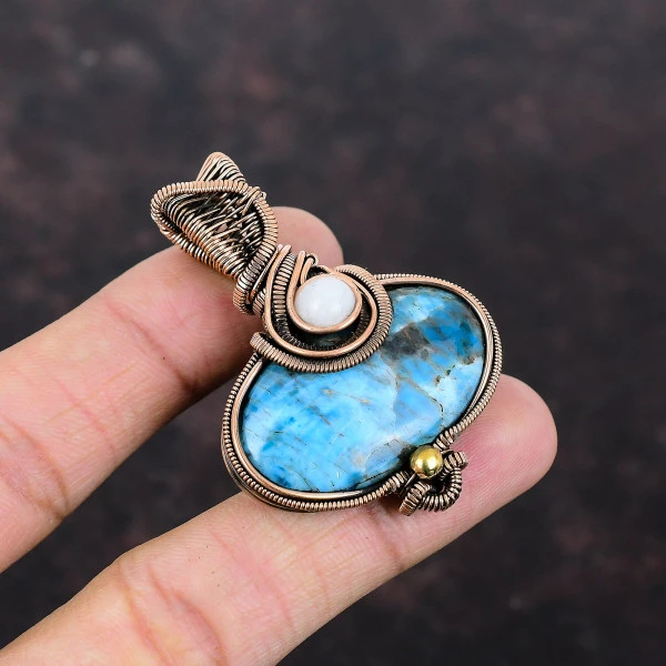 Neon Apatite Oval Blue Handmade Copper Wire Wrapped Pendant