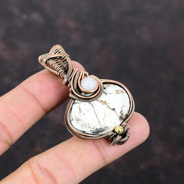 Wild Horse Magnesite Oval White Handmade Copper Wire Wrapped Pendant