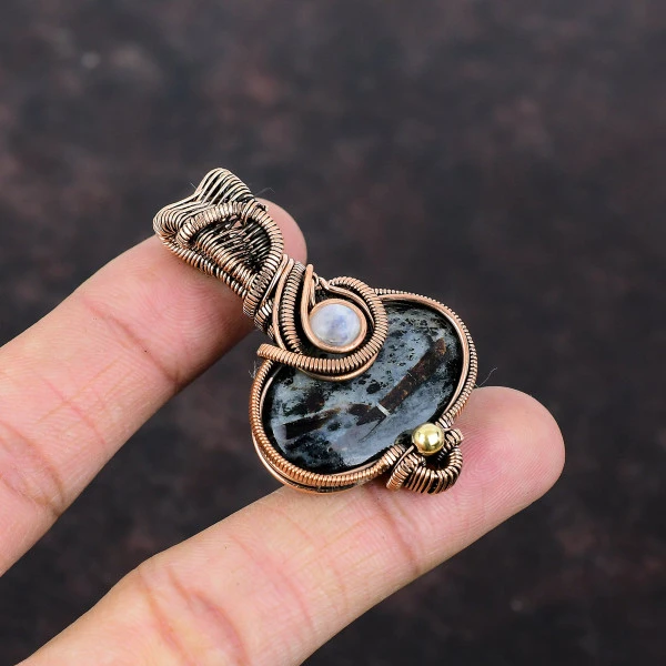 Astrophyllite Oval Black Handmade Copper Wire Wrapped Pendant