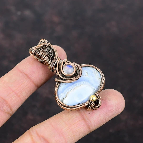 Blue Lace Agate Oval Blue Handmade Copper Wire Wrapped Pendant