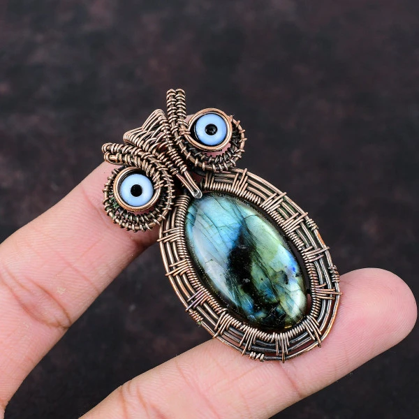 Labradorite Oval Gray Handmade Copper Wire Wrapped Pendant