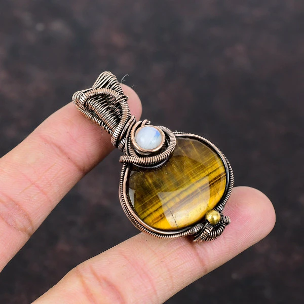 Tiger's Eye Oval Brown Handmade Copper Wire Wrapped Pendant