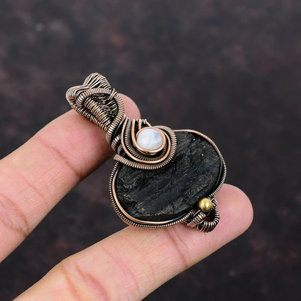 Black Tourmaline Rough Oval Black Handmade Copper Wire Wrapped Pendant