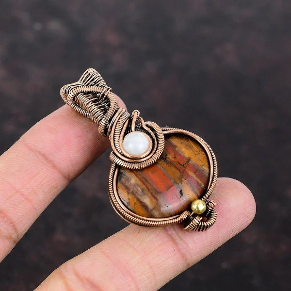 Red Snakeskin Jasper Oval Red Handmade Copper Wire Wrapped Pendant