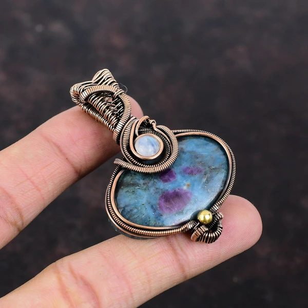 Ruby In Blue Kyanite Oval Blue Handmade Copper Wire Wrapped Pendant