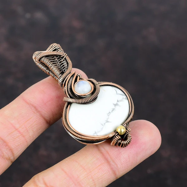 Howlite Oval White Handmade Copper Wire Wrapped Pendant