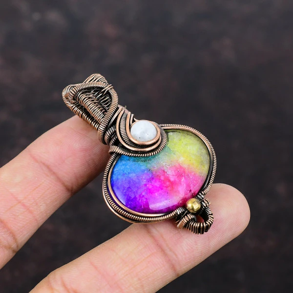 Rainbow Solar Quartz Druzy Oval Pink Handmade Copper Wire Wrapped Pendant