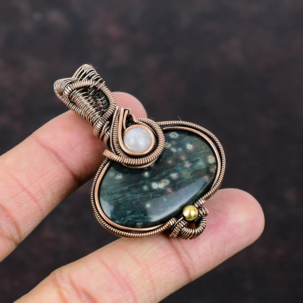 Ocean Jasper Oval Green Handmade Copper Wire Wrapped Pendant