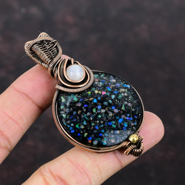 Black Ethiopian Opal Round Black Handmade Copper Wire Wrapped Pendant
