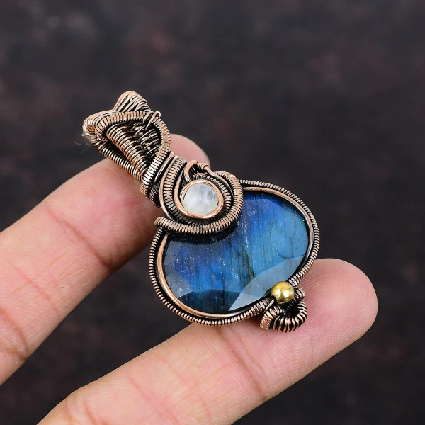 Labradorite Oval Blue Handmade Copper Wire Wrapped Pendant
