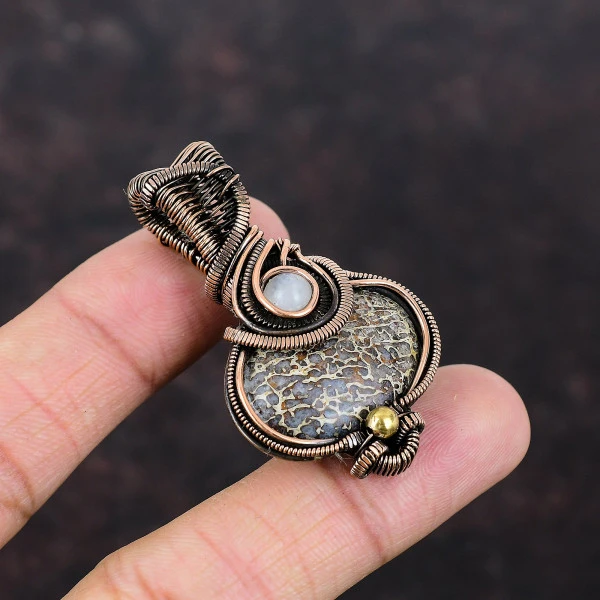 Dinosaur Bone Oval Brown Handmade Copper Wire Wrapped Pendant
