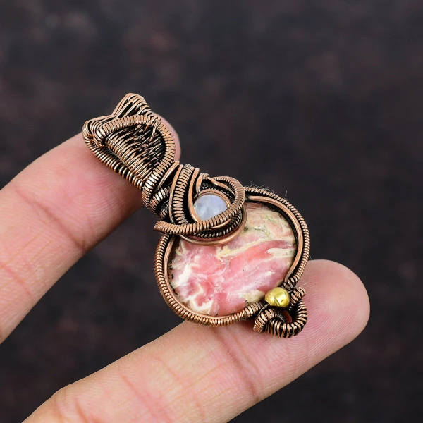 Rhodochrosite Oval Pink Handmade Copper Wire Wrapped Pendant