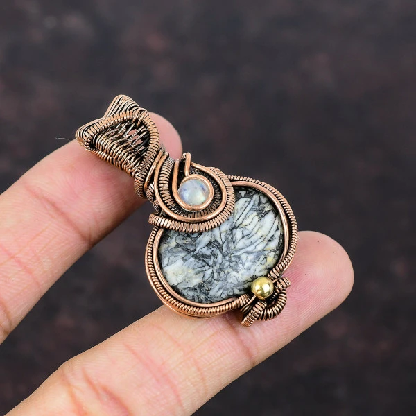 Pinolith Jasper Oval Black Handmade Copper Wire Wrapped Pendant