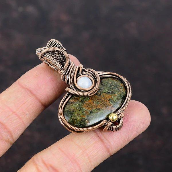 Spessartine Garnet in Limestone Oval Green Handmade Copper Wire Wrapped Pendant