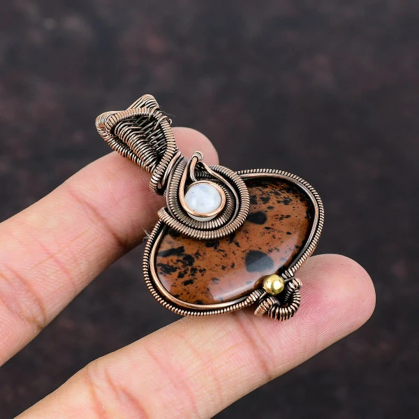 Mahogany Obsidian Oval Brown Handmade Copper Wire Wrapped Pendant
