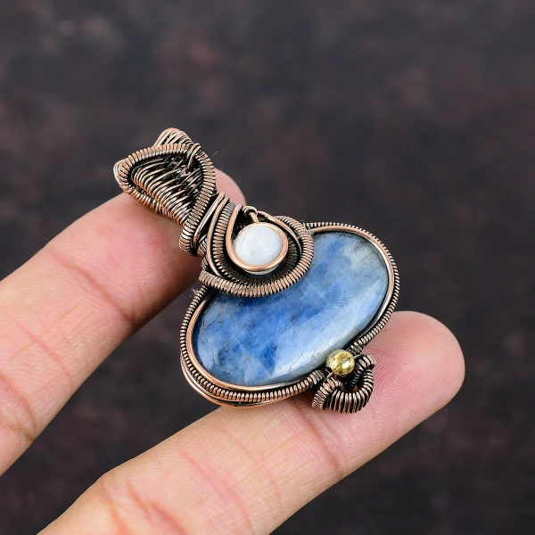 Kyanite Oval Blue Handmade Copper Wire Wrapped Pendant