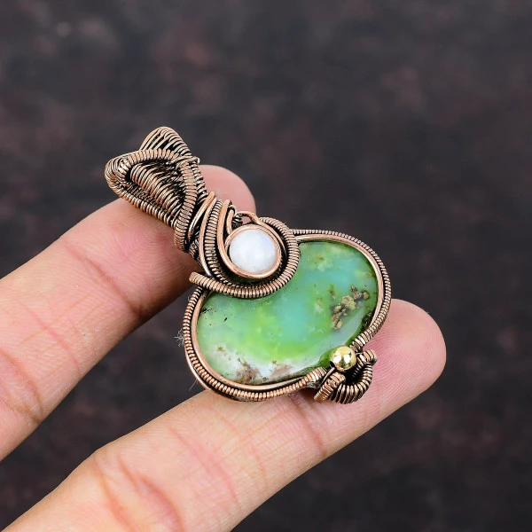 Chrysoprase Oval Green Handmade Copper Wire Wrapped Pendant