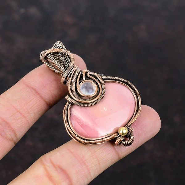 Pink Opal Oval Pink Handmade Copper Wire Wrapped Pendant