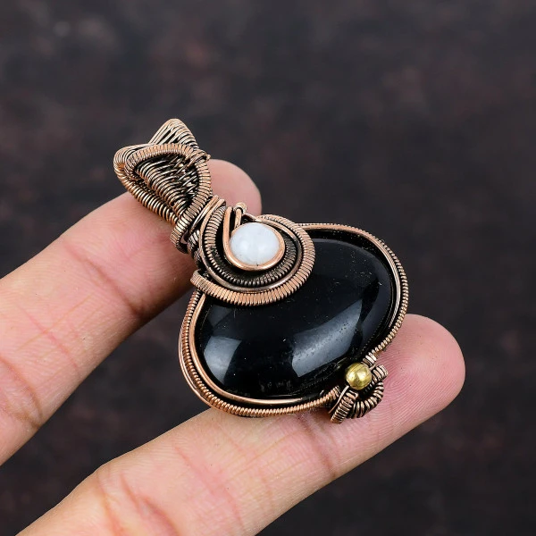 Black Onyx Oval Black Handmade Copper Wire Wrapped Pendant