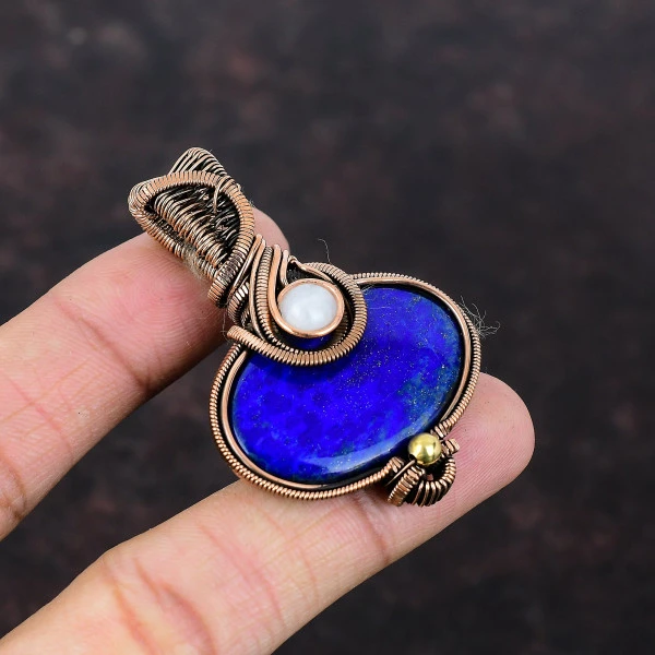 Lapis Lazuli Oval Blue Handmade Copper Wire Wrapped Pendant