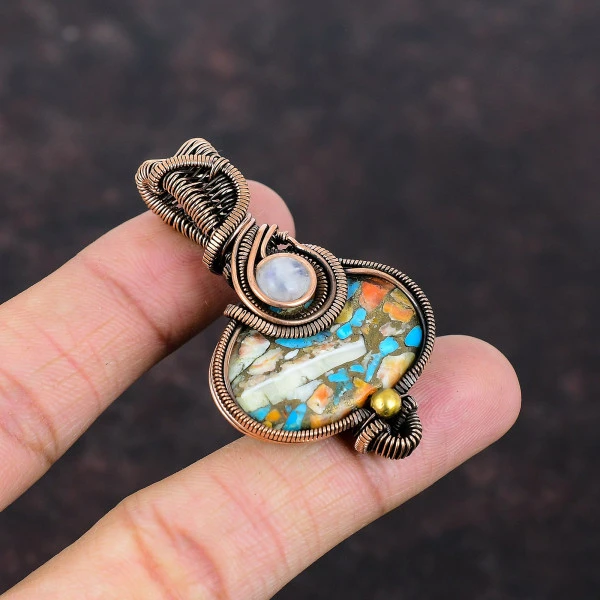 Spiny Oyster Copper Turquoise Oval Orange Handmade Copper Wire Wrapped Pendant